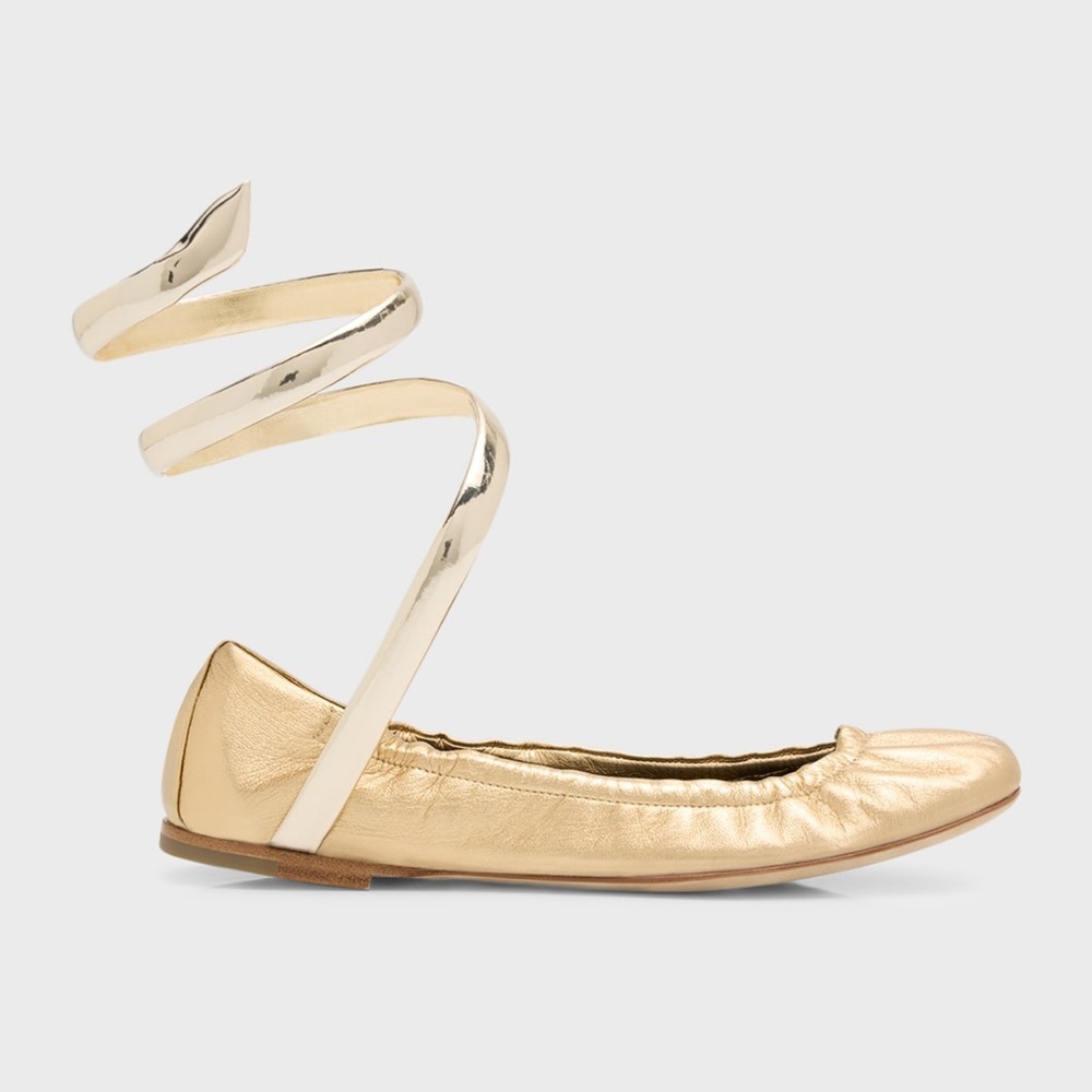 Rene Caovilla Metallic Snake-Wrap Ballerina Flats, Size 38